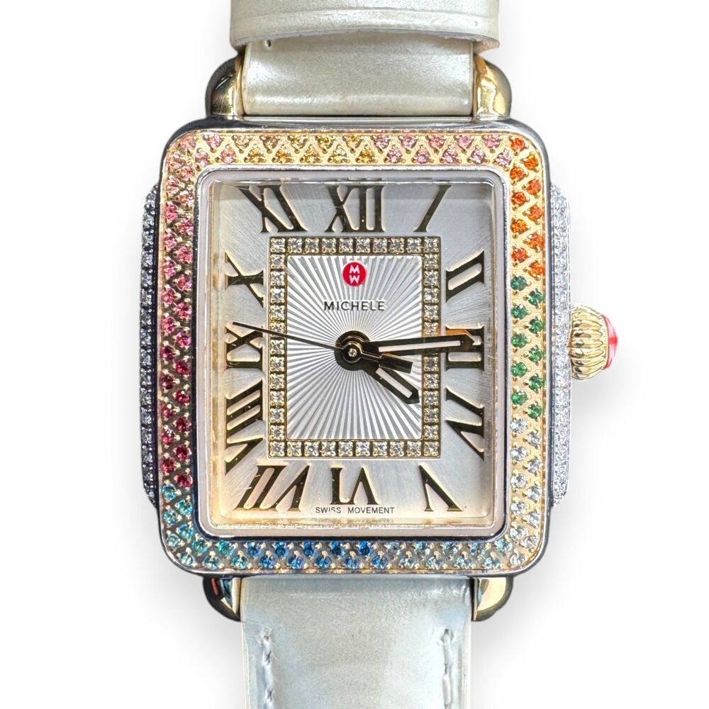 Rare MICHELE Deco Madison Mid Carousel Two-Tone Rainbow Topaz Diamond Watch